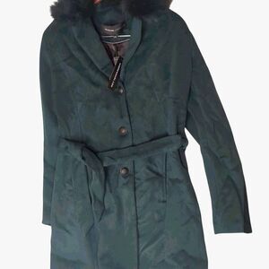 NWT Andrew Marc Fur Trim Dark Emerald Green Pea Wool Trench Coat 6